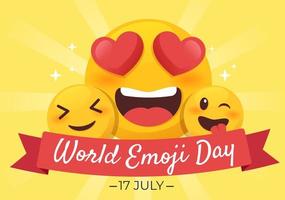 celebración del día mundial del emoji con eventos y lanzamientos de productos en diferentes expresiones faciales forma de caricatura linda en ilustración de fondo plano vector