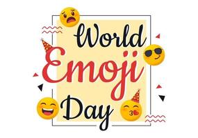 celebración del día mundial del emoji con eventos y lanzamientos de productos en diferentes expresiones faciales forma de caricatura linda en ilustración de fondo plano vector