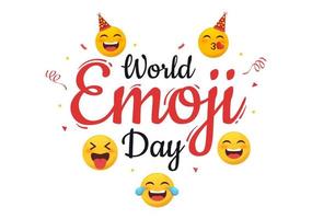 celebración del día mundial del emoji con eventos y lanzamientos de productos en diferentes expresiones faciales forma de caricatura linda en ilustración de fondo plano vector