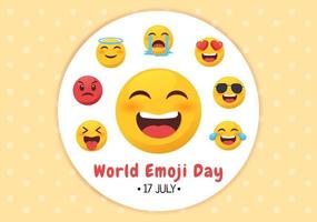 celebración del día mundial del emoji con eventos y lanzamientos de productos en diferentes expresiones faciales forma de caricatura linda en ilustración de fondo plano vector