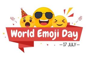 celebración del día mundial del emoji con eventos y lanzamientos de productos en diferentes expresiones faciales forma de caricatura linda en ilustración de fondo plano vector