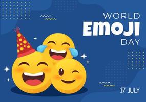 celebración del día mundial del emoji con eventos y lanzamientos de productos en diferentes expresiones faciales forma de caricatura linda en ilustración de fondo plano vector