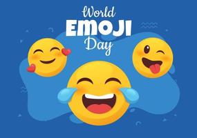 celebración del día mundial del emoji con eventos y lanzamientos de productos en diferentes expresiones faciales forma de caricatura linda en ilustración de fondo plano vector