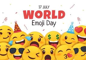 celebración del día mundial del emoji con eventos y lanzamientos de productos en diferentes expresiones faciales forma de caricatura linda en ilustración de fondo plano vector