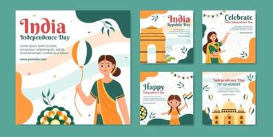 Indian Independence Day Social Media Post Template Flat Cartoon Background Vector Illustration