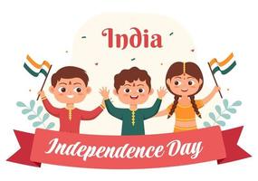 Happy Indian Independence Day which is Celebrated Every August with Flags, People Character and Ashoka Wheels in the Cartoon Style Illustration vector