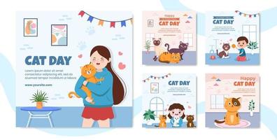 International Cat Day Social Media Post Template Flat Cartoon Background Vector Illustration