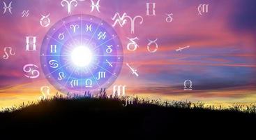 Astrological zodiac signs inside of horoscope circle. The power of the universe concept. photo