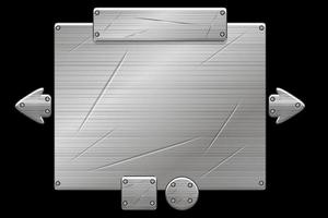 tablero de interfaz de usuario de metal emergente para el juego, pancarta de hierro gris. ilustración vectorial de una ventana personalizada con iconos y botones.
