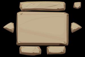 Stone panel banner with buttons for ui. Vector illustration of an old empty game window template.