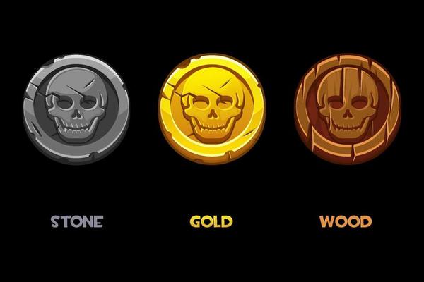 Pirate black mark, gold, wooden, stone coins with a skull. Vector set of round old money with cartoon pirate skull.