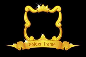 Gold frame with crown, square template with award ribbon for ui game. Vector illustration retro golden picture frame for graphic design.