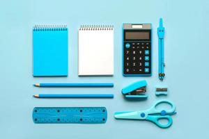Top view of school supplies. Back to school concept photo