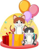 dos gatos con cajas de regalo y globos vector