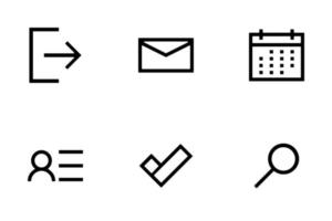 conjunto de 6 iconos de vector de contorno ux-ui. iniciar sesión, correo, calendario, perfil, hacer y buscar iconos lineales negros.