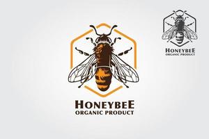 plantilla de logotipo de abeja de miel. diseño de ilustraciones para insectos de miel, logo para productos orgánicos. elemento colmenar, insignia de plaga o tatuaje. tema de biología y entomología.