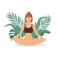 Happy woman meditating in nature and leaves. Concept illustration for yoga, meditation, relax, healthy lifestyle. Vector illustration