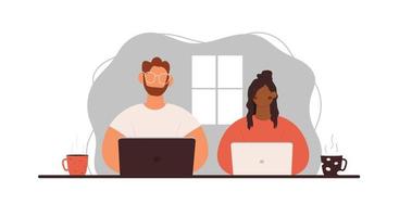 Man and African woman working together. Remote work, a couple working together. Vector illustration