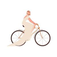 Bride bikes on the bycycle isolated on the white background. Vector illustration