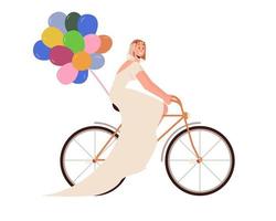 Bride bikes on the bycycle with air baloons. Vector illustration