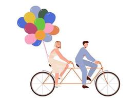 Double bike with the newlyweds and air balloons. A married couple rides on a bicycle. Vector illustration