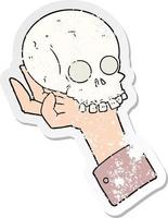 distressed sticker of a cartoon hand holding skull vector