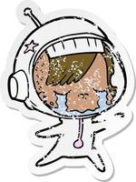 distressed sticker of a cartoon crying astronaut girl vector