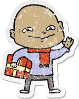 distressed sticker of a cartoon nervous man with xmas present vector
