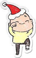 happy distressed sticker cartoon of a bald man wearing santa hat vector