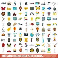 100 archaeology site icons set, flat style vector