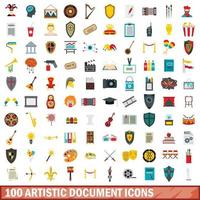 100 artistic document icons set, flat style