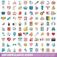 100 ambulance icons set, cartoon style