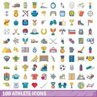 100 atleta, conjunto de iconos de estilo de dibujos animados
