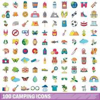 100 camping icons set, cartoon style vector