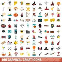 100 carnival craft icons set, flat style vector