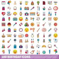 100 birthday icons set, cartoon style vector