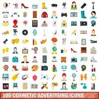 100 cosmetic advertising icons set, flat style vector