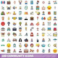 100 community icons set, cartoon style vector
