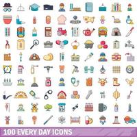 100 every day icons set, cartoon style vector