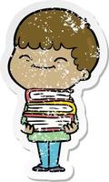 distressed sticker of a cartoon happy boy with books vector