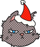 comic book style illustration of a tough cat face wearing santa hat vector