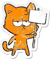 distressed sticker of a bored cartoon cat with sign post vector