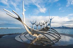 Reykjavik, Iceland - March 27 2016 - The Sun voyager one of the Icelandic famous sculpture in Reykjavik the capital city of Iceland. photo