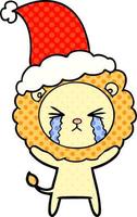 comic book style illustration of a crying lion wearing santa hat vector