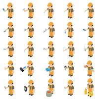 Worker builder icons set, isometric style