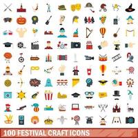 100 festival craft icons set, flat style