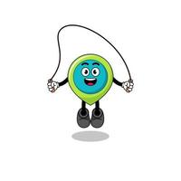 La caricatura de la mascota del símbolo de ubicación está jugando a saltar la cuerda