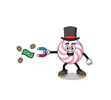 Character Illustration of lollipop spiral catching money with a magnet vector