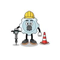 Character cartoon of gear working on road construction vector