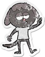 distressed sticker of a cartoon tired dog giving peace sign vector